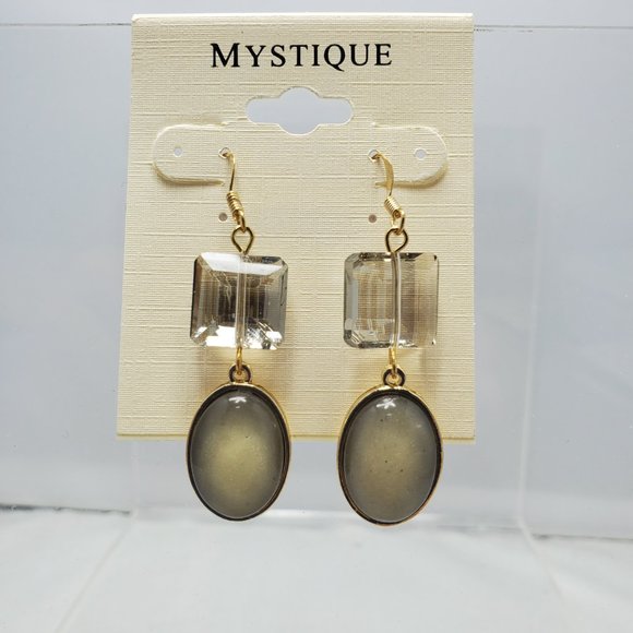 Mystique 2 stone fish hook drop earring gold,clear,olive color - Picture 1 of 3